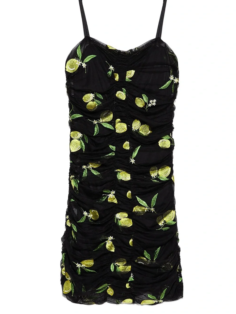 NWT ZARA Black Embroidered Lemon Fruit  Tulle Draped BodyCon Mini Dress Small
